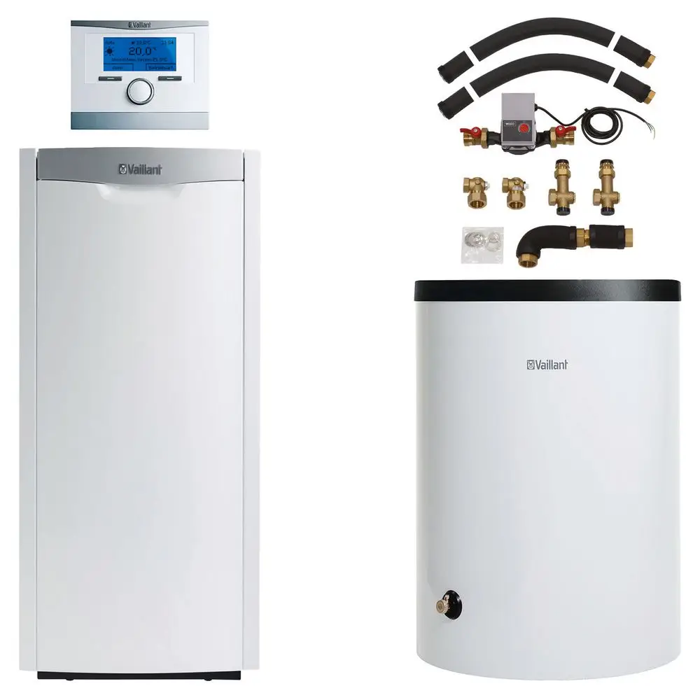 Vaillant Heizsystem mit Wandthermostat, einem vertikalen weißen Heizkessel und einem zylindrischen Speicher, ergänzt durch Zubehörteile für die Installation.